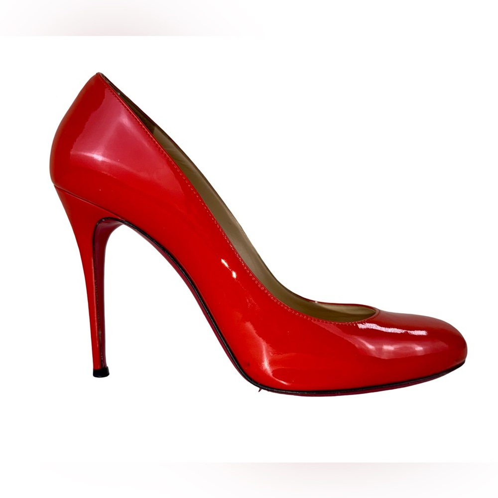 CHRISTIAN LOUBOUTIN “PALAIS ROYAL 120” HIGH HEEL PUMPS IN RED PATENT LEATHER